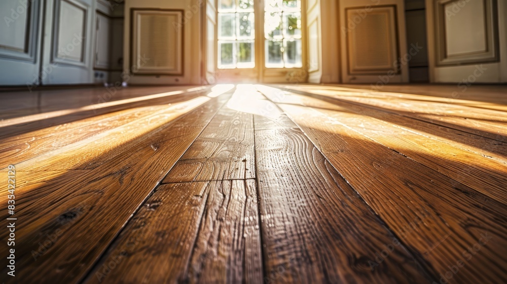 Bare wooden floor up close and the ceiling and doors of a room reflecting light Bare wooden floor up close and the ceiling and doors of a room reflecting light