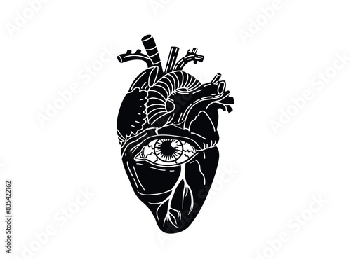 Mystical illustration. Eye in the heart. Vector drawing. Heart tattoo. Look with your heart. Gothic style. Alchemical experiment
