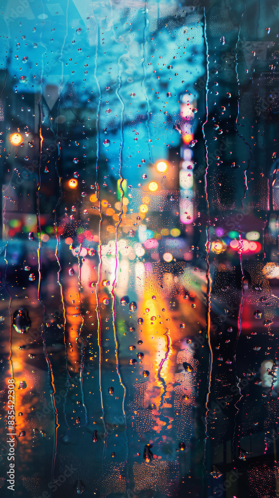 Fototapeta premium blurry city lights through a rainy window at night
