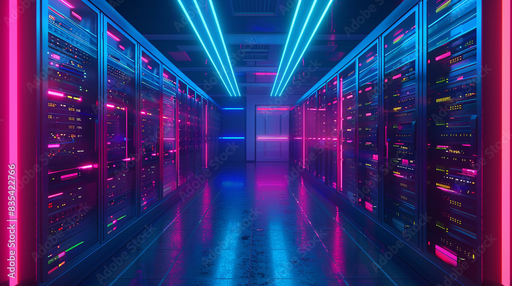 Fototapeta premium Vibrant data center: Operational server racks modern tech emphasis Dark backdrop with neon blue pink lights Futuristic ambiance 