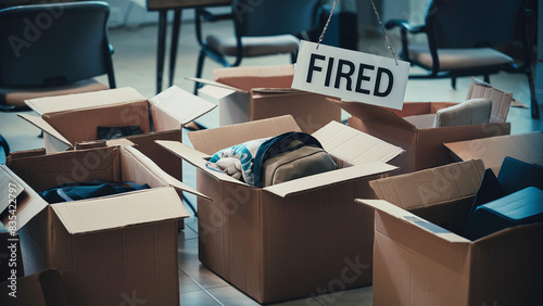FIRED sign in a cardboard box with employee's personal belongings photo
