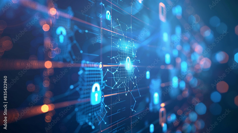 Virtual screen displaying cyber security information privacy and data protection internet and technology theme with digital locks and network symbols Virtual screen displaying cyber security information privacy and data protection internet and technology theme with digital locks and network symbols
