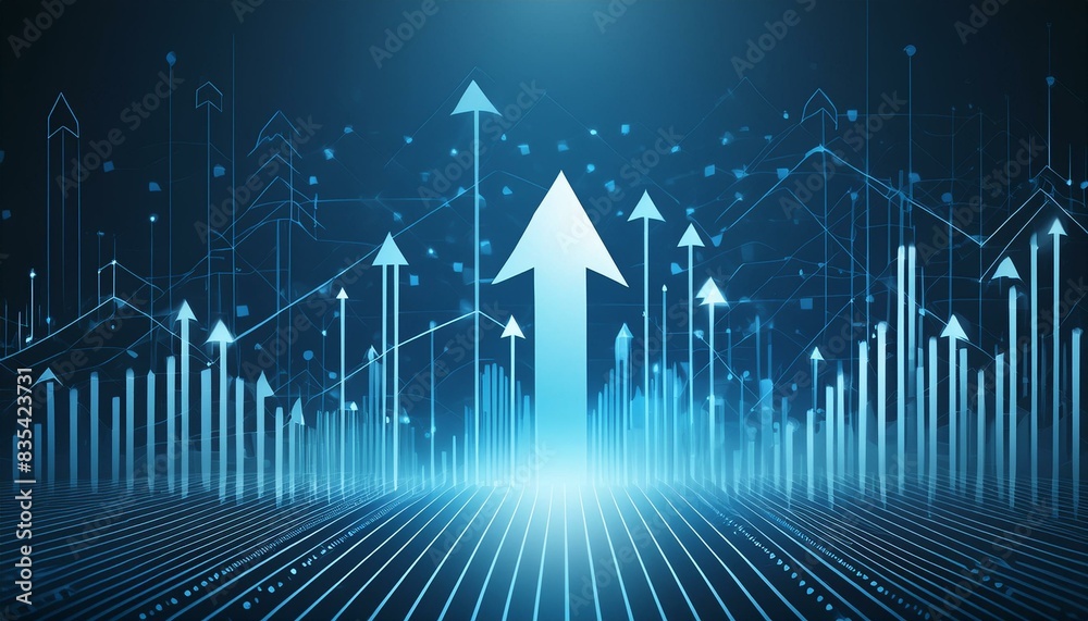 Naklejka premium Growth arrow up and progress success business skill increase improvement graph on market profit stock background with goal of achievement futuristic finance economy
