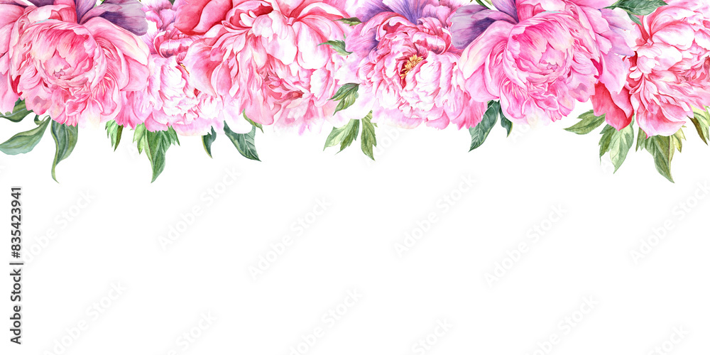 Peonies hand drawn in watercolor on a white background, suitable for invitations, packaging and textiles. Peonies hand drawn in watercolor on a white background, suitable for invitations, packaging and textiles.
