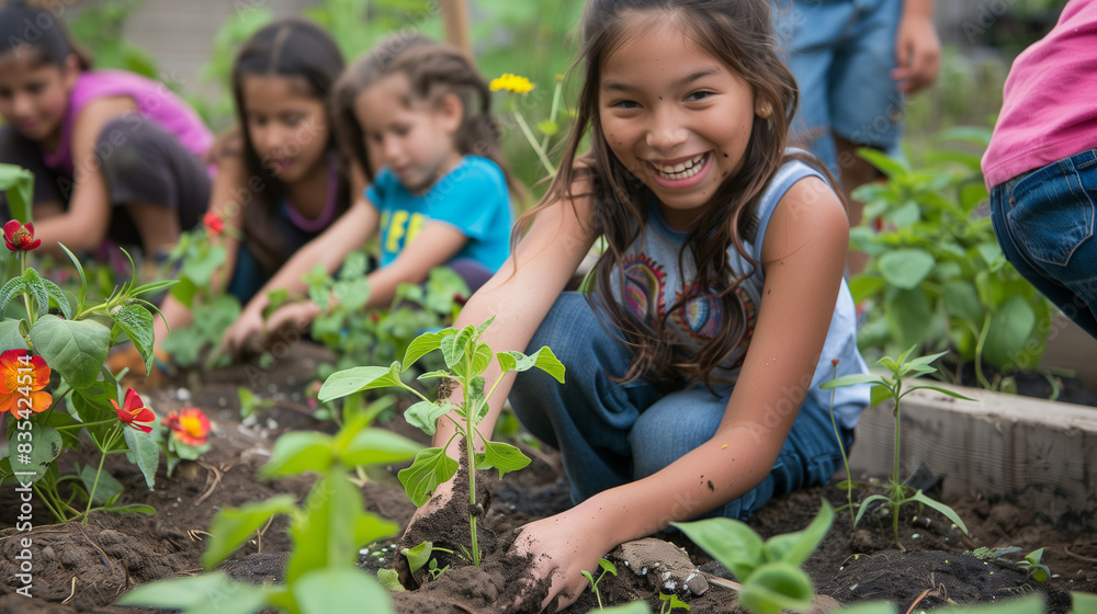 mixed race children in elementary School age gardening in the community garden and enjoy the learning about agriculturagl mixed race children in elementary School age gardening in the community garden and enjoy the learning about agriculturagl