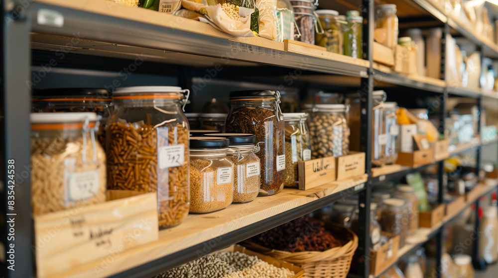 the shelfes in a Zero waste package free grocery store where customers fill their own containers with bulk food dry food spice the shelfes in a Zero waste package free grocery store where customers fill their own containers with bulk food dry food spice