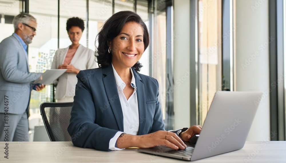 Happy busy mature business woman entrepreneur in office using laptop at work, smiling professional middle aged female company executive manager working looking at computer at workplace Happy busy mature business woman entrepreneur in office using laptop at work, smiling professional middle aged female company executive manager working looking at computer at workplace