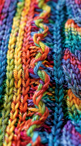close shot of an homemade colorful knit sweater with colorful rainbow colors