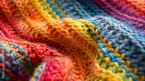 close shot of an homemade colorful knit sweater with colorful rainbow colors