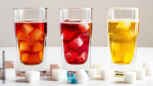 Colorful Cold Drinks with Ice Cubes in Glasses are refreshing and perfect for summer hydration photo