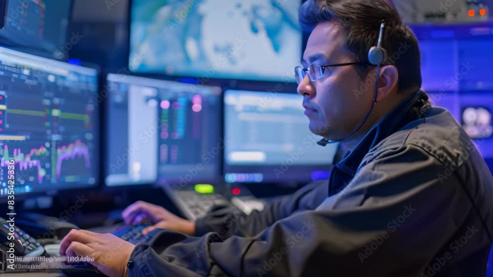 A man sitting in front of various computer monitors, working as a security operations center analyst, A security operations center analyst monitoring for security incidents