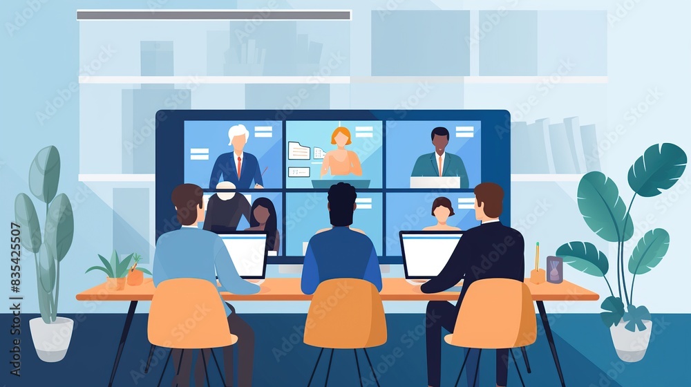 portrait Virtual meeting of colleagues in the office via video call happy business meeting portrait Virtual meeting of colleagues in the office via video call happy business meeting