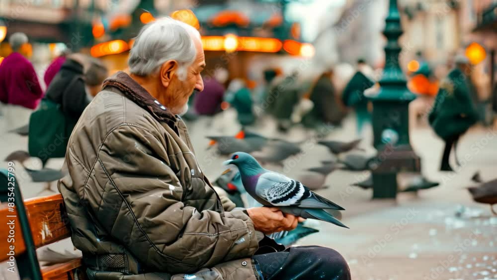 An elderly man is sitting on a bench feeding pigeons, A senior citizen sitting on a bench feeding pigeons in a bustling city square An elderly man is sitting on a bench feeding pigeons, A senior citizen sitting on a bench feeding pigeons in a bustling city square