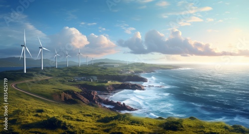  Urban Energy Meets Nature Wind Turbines Overlooking the Ocean.