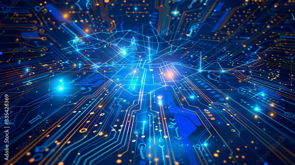 Wide-angle view of a cyber security internet and networking concept portrayed through a hi-tech illustration with diverse technology elements Wide-angle view of a cyber security internet and networking concept portrayed through a hi-tech illustration with diverse technology elements