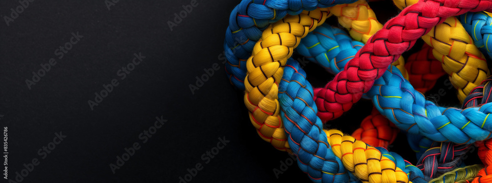 rope with knot, a colorful background of various colored ropes tied together in an intricate knot, symbolizing unity and strength. Isolated on a black background with margins rope with knot, a colorful background of various colored ropes tied together in an intricate knot, symbolizing unity and strength. Isolated on a black background with margins