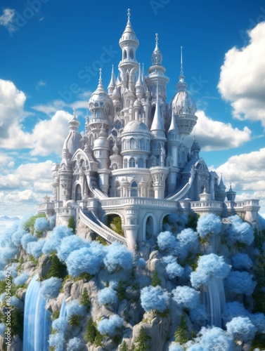 fantasy castle on a hill with a waterfall
