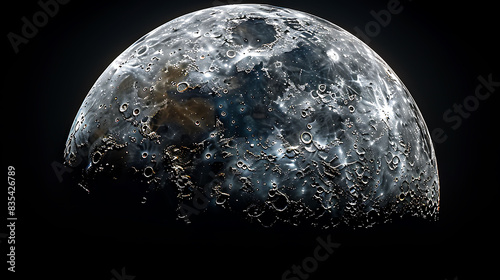 detailed photograph of the First Quarter Moon highlighting the stark contrast between the illuminated and shadowed lunar surface