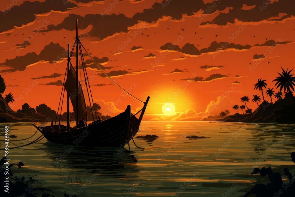 Naklejka premium an old boat in the ocean at sunset 