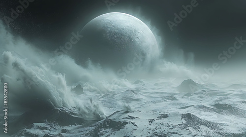 detailed view of the icy plumes erupting from Triton within the Solar System Neptune s largest moon against the backdrop of Neptune itself