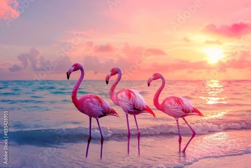 Beautiful pink flamingos on the beach