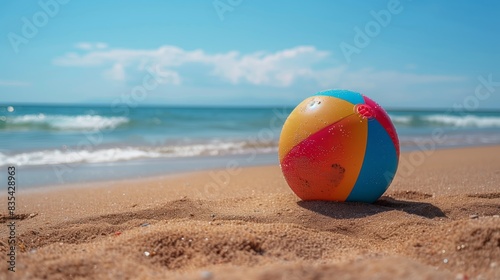Colorful Beach Ball on Golden Sand with Gentle Waves and Blue Sky