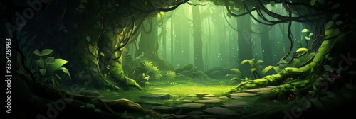 an illustration of a dark forest with a path leading to the light
 photo