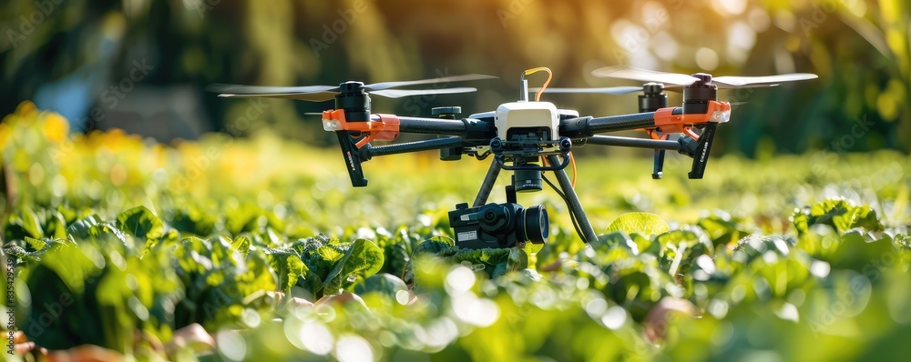 High-tech agricultural drone equipped with a camera flies over a green crop field in broad daylight. High-tech agricultural drone equipped with a camera flies over a green crop field in broad daylight.