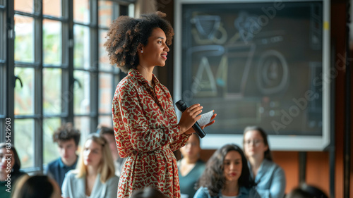 successful woman in STEM motivating an audience with her speech on diversity and leadership
