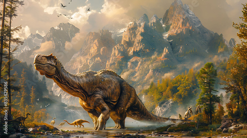 Diplodocus walking majestically through a valley with mountains in the distance and other dinosaurs nearby