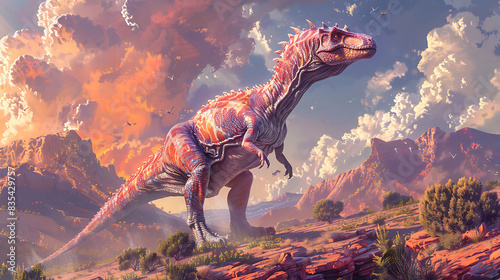 Dracorex exploring a colorful alienlike landscape with strange plants and rock formations and other dinosaurs nearby photo
