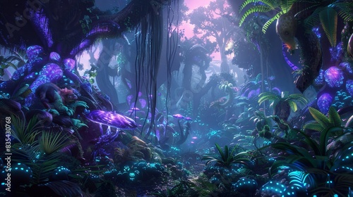 Fototapeta Naklejka Na Ścianę i Meble -  Alien jungle with bioluminescent plants, strange animals, misty air, vibrant colors, exotic atmosphere, otherworldly feel