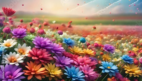 Widscreen image view of big garden full of fresh wet lavender Jasmine lily hollyhocks pansy gerbera and carnation flowers