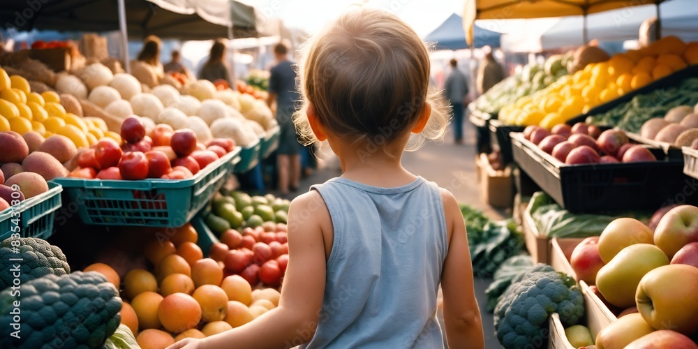 Child back view standing among fresh fruits and vegetables at farmer outdoors market.. Concept of children nutrition. Foods that lift immunity in kids Generative AI Child back view standing among fresh fruits and vegetables at farmer outdoors market.. Concept of children nutrition. Foods that lift immunity in kids Generative AI