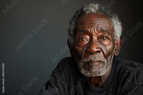 Portrait of a black man with gray hair at blank grey background with copyspace for advertisement