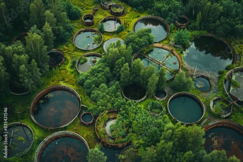 Aerial shot of numerous old, rusty water tanks surrounded by lush green foliage.