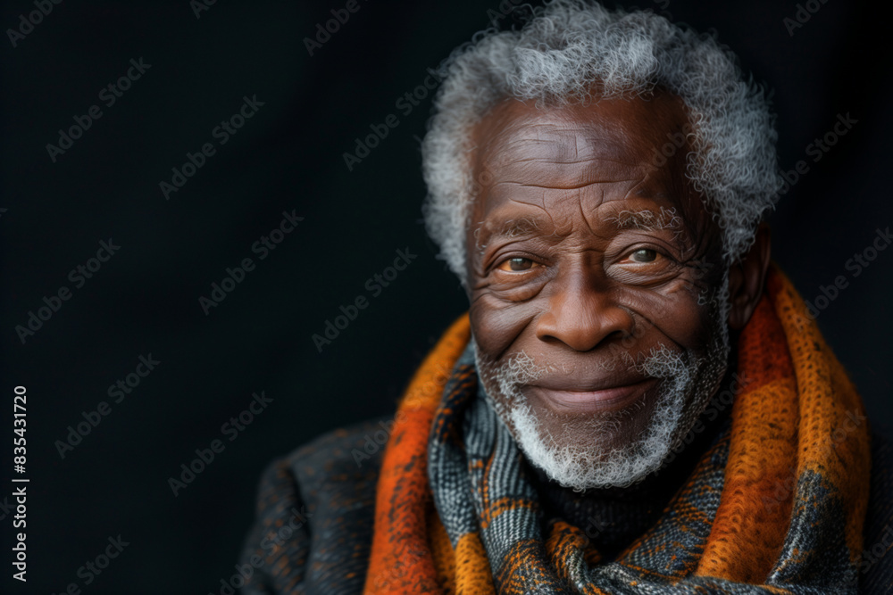 Portrait of an elderly black man with a scarf against blank black background with copy space for ads Portrait of an elderly black man with a scarf against blank black background with copy space for ads