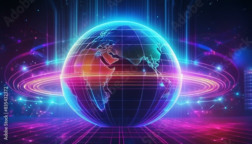 Metaverse digital world cyber space background, neon colorful global world in cyber space, future energy power technology and internet connection