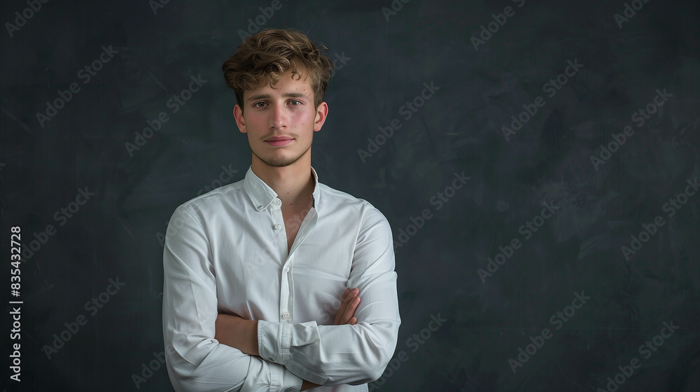 young man wearing a white shirt and crossing his arms in front of a dark gray studio background young man wearing a white shirt and crossing his arms in front of a dark gray studio background