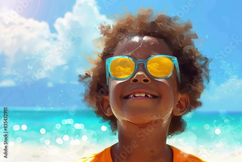 afro american child having fun on sunny beach during summer vacation digital painting