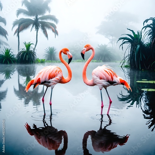 Pink birds flamingos. Wildlife animal scene from nature.