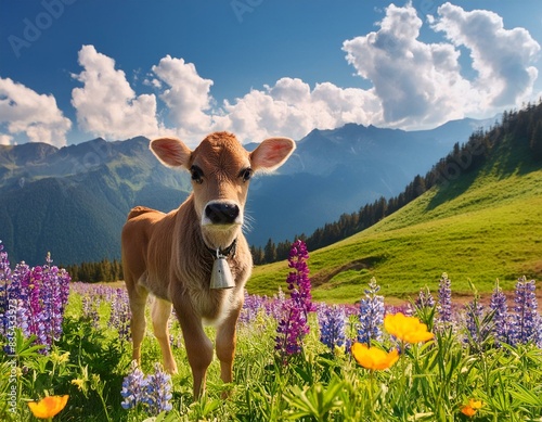 Kuh Kalb auf der Wiese in der Natur, Sommer, Frühling photo