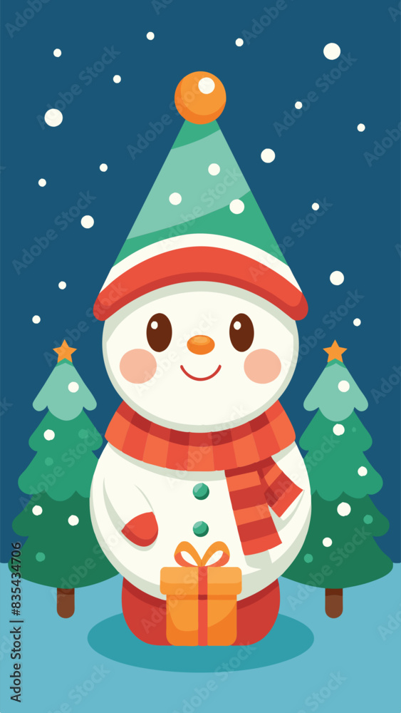 Cute cartoon snowman wearing a striped hat and scarf, holding a gift, with snow falling and Christmas trees in the background. Cute cartoon snowman wearing a striped hat and scarf, holding a gift, with snow falling and Christmas trees in the background.