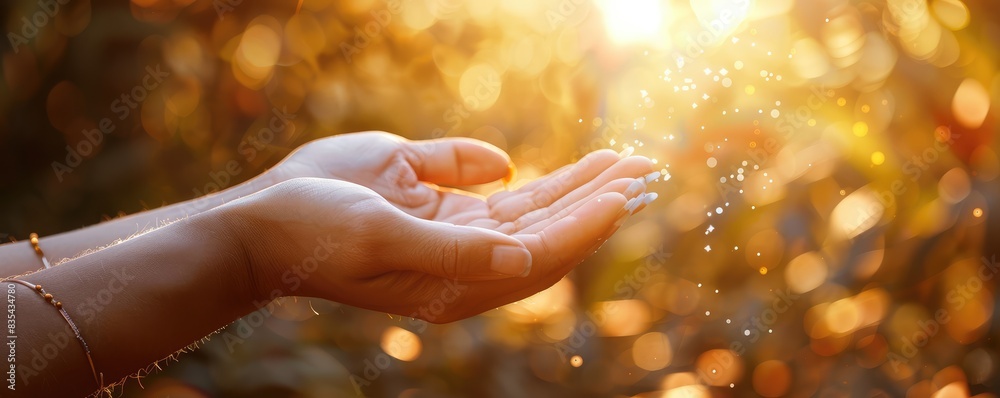 Close-up of a hand holding sparkling glitter with sunlight reflecting, creating a magical atmosphere. Close-up of a hand holding sparkling glitter with sunlight reflecting, creating a magical atmosphere.
