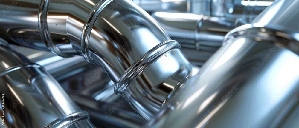 Close-up view of shiny, reflective metal pipes in a complex arrangement. Close-up view of shiny, reflective metal pipes in a complex arrangement.