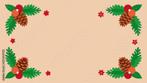 Simple and elegant Christmas border with pine cones, holly leaves, and red stars on a light beige background.
