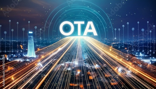 OTA over-the-air update illustration with written OTA in middle of data flow to upgrade a firmware background photo