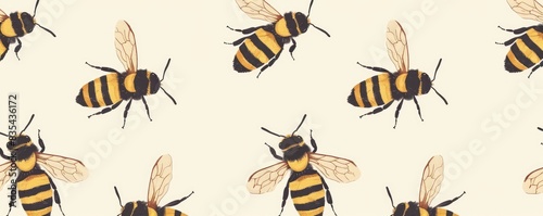 Seamless pattern with detailed illustrations of bees on a white backdrop, ideal for fabric or wallpaper designs. © amazingfotommm