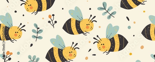 Seamless pattern with detailed illustrations of bees on a white backdrop  ideal for fabric or wallpaper designs.