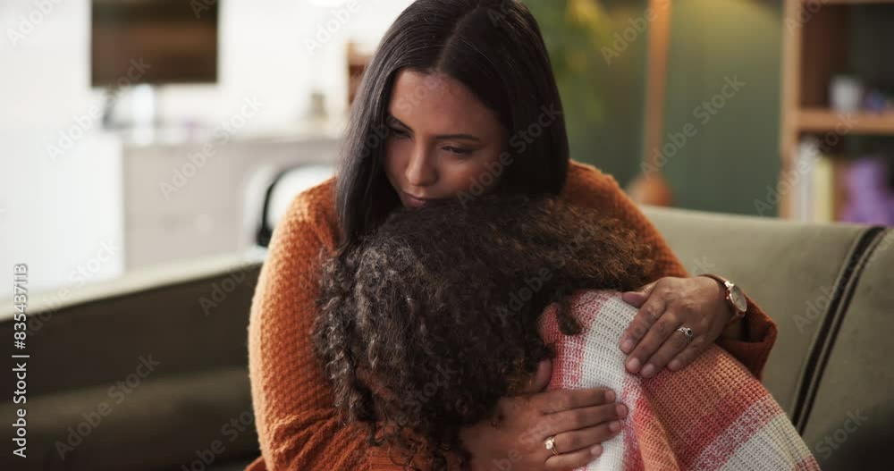 Crying, sad and child with mother for comfort from bullying trauma ...